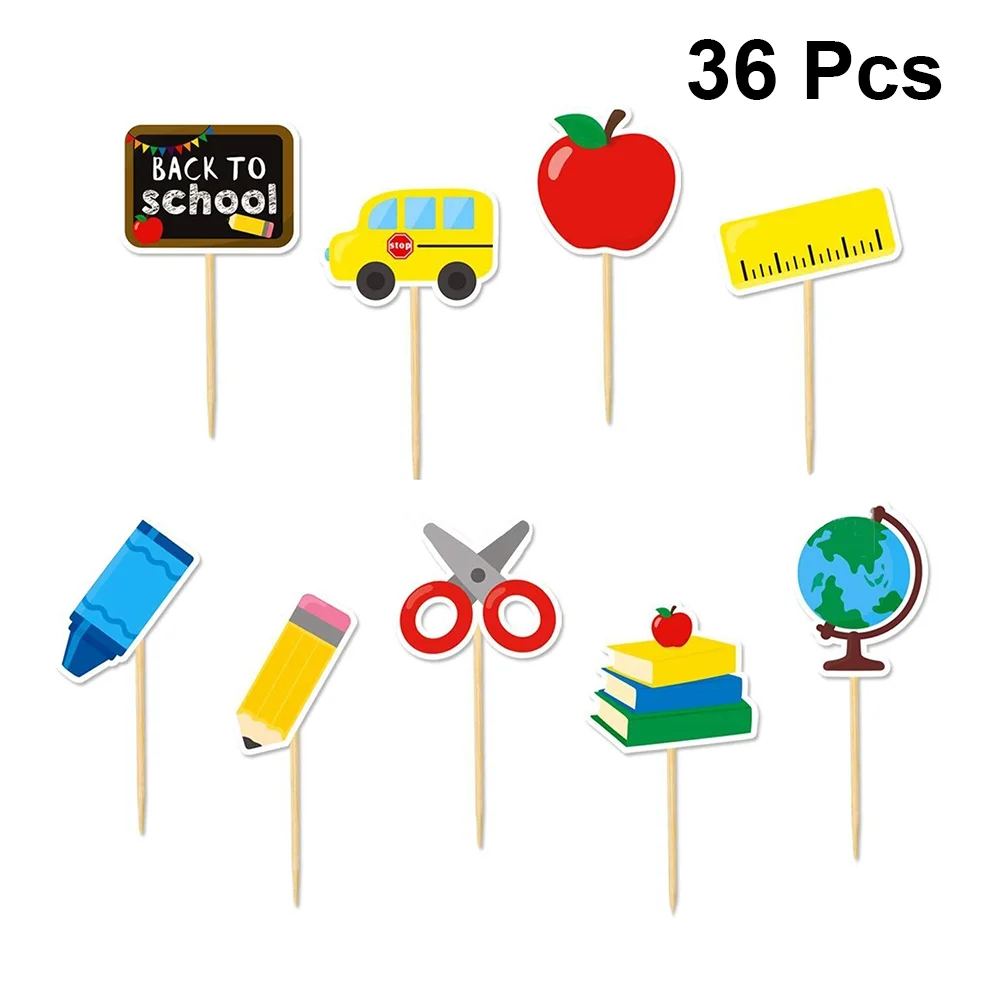 36 Pcs Birthday Cake Cupcake Decoration Back to School Topper Sweet Dessert Insert Card M Party Child