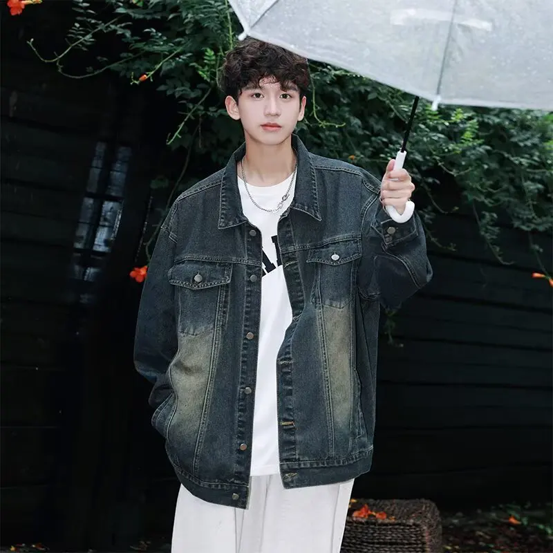 

Мужская джинсовая куртка Waed Jaet, весенне-осенняя повседневная свободная верхняя одежда с воротником, уличная одежда Long Sve, однотонная верхняя одежда для подростков