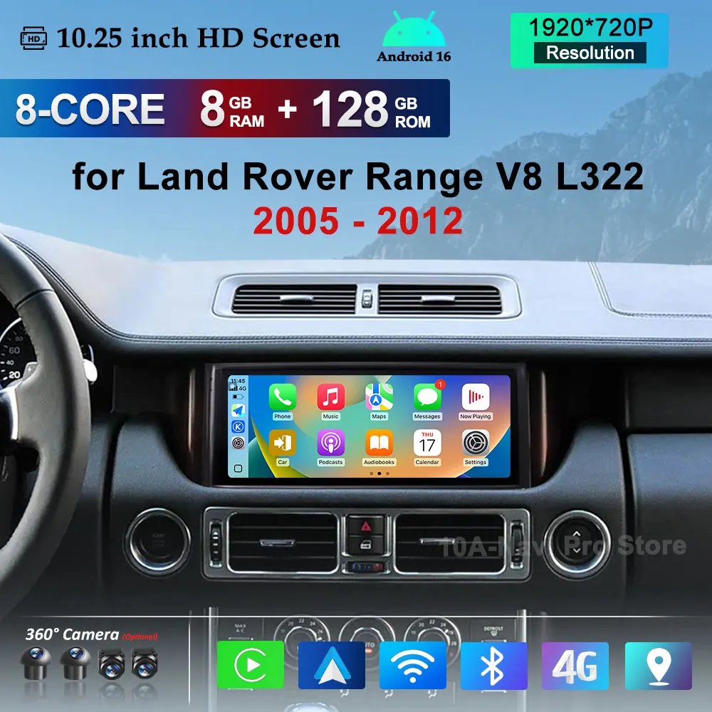 Android 16 IPS Screen 10.25 '' for Land Rover Range V8 L322 2005 - 2012 BT GPS Navigation Car Audio Multimedia Player DSP Stereo