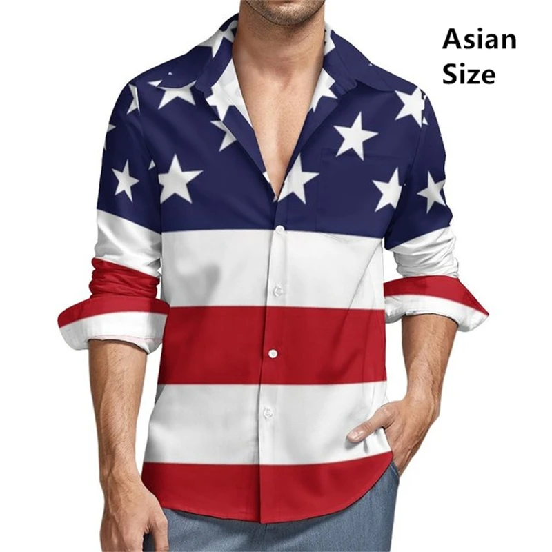 

Рубашка с американским флагом США, осенняя патриотическая современная рубашка в полоску со звездами, повседневные мужские рубашки, винтажные блузки, уличная одежда с длинными рукавами 6XL