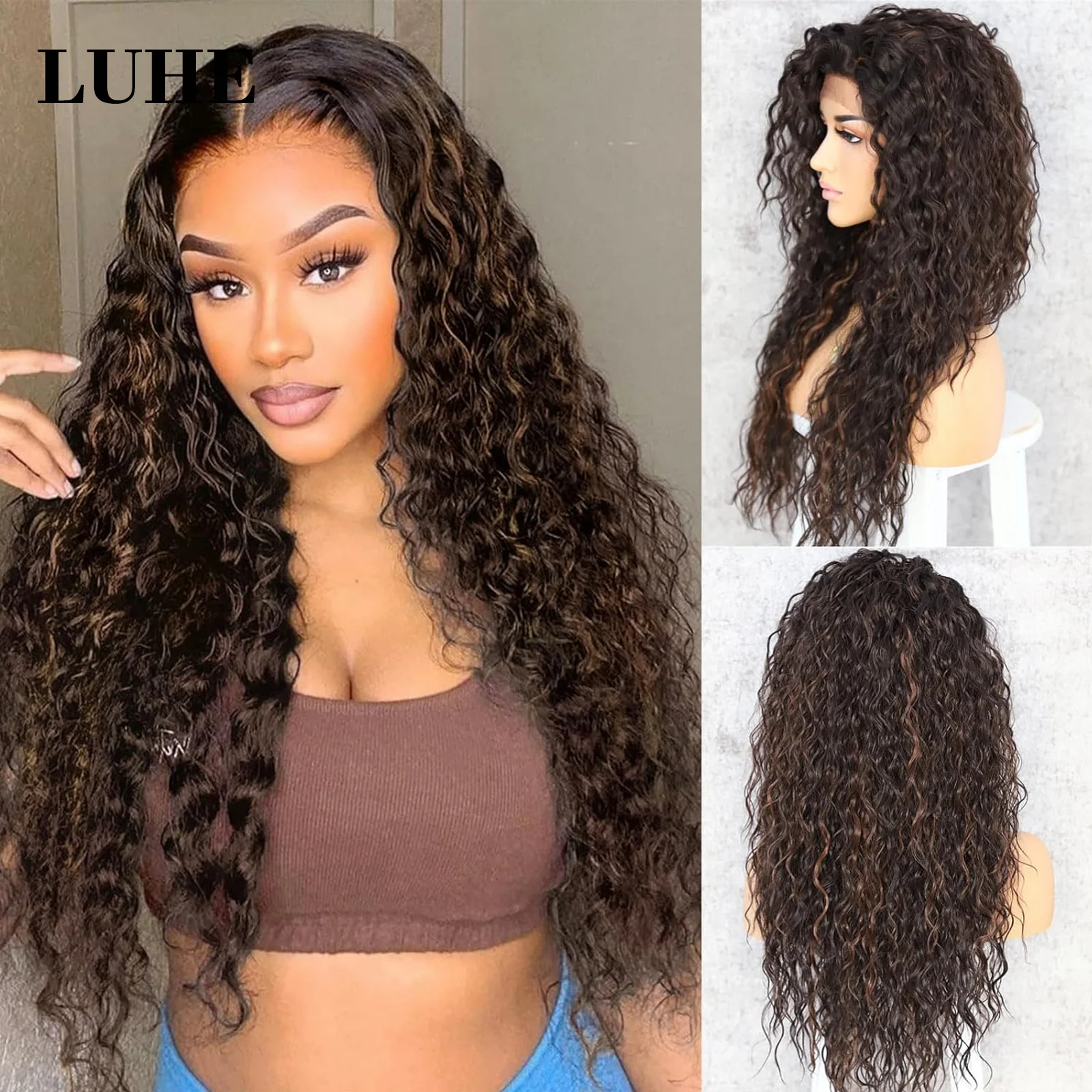 Wig renda depan 13x3 highlight cokelat keriting ikal untuk wanita warna hitam Wig sintetis panjang longgar keriting rambut renda Frontal penggunaan sehari-hari