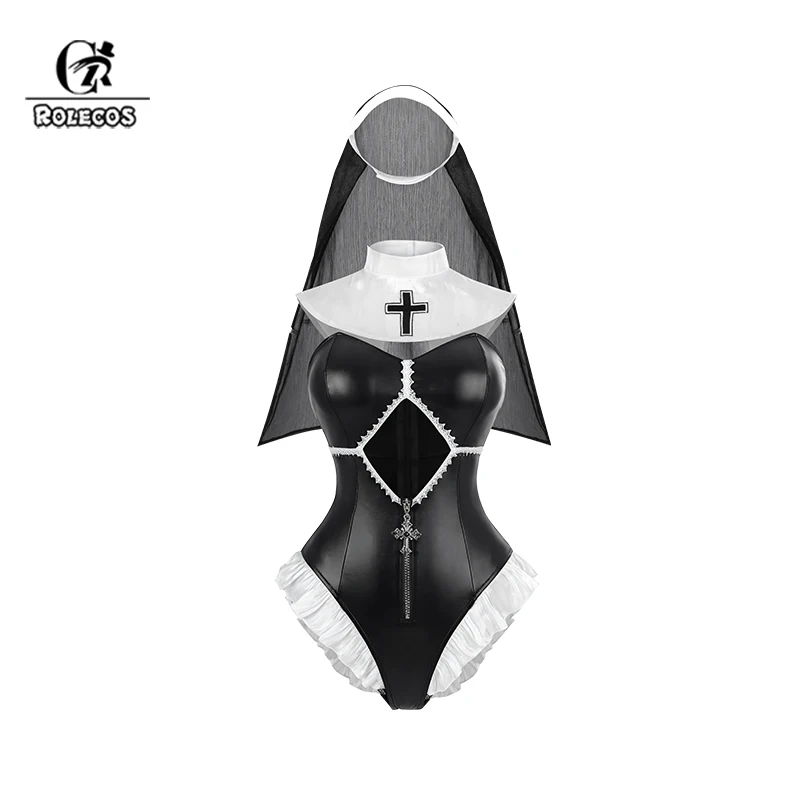 ROLECOS Original The Nun Bunny Costume Halloween Party Roleplay Outfit  Nun Bunny Suit  Black Women Jumpsuit with Veil