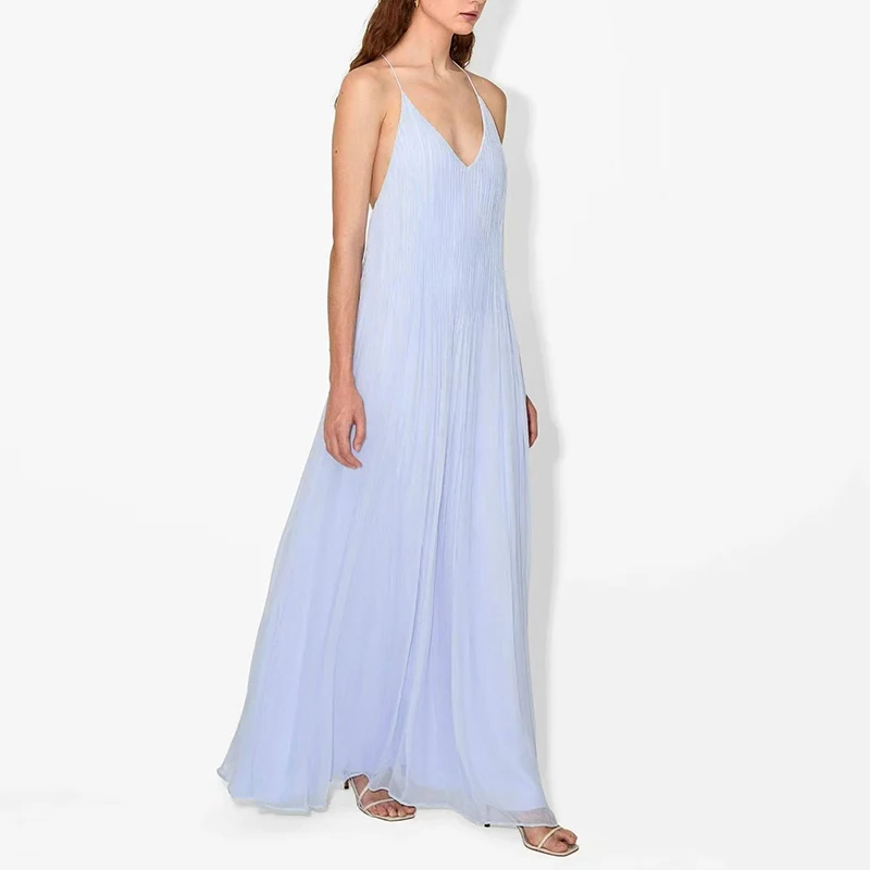 Abito sexy con bretelle all'americana con scollo a V cavo Donna Primavera Solido Abito lungo a pieghe allentato Abito estivo con fasciatura senza schienale Boho Vestido