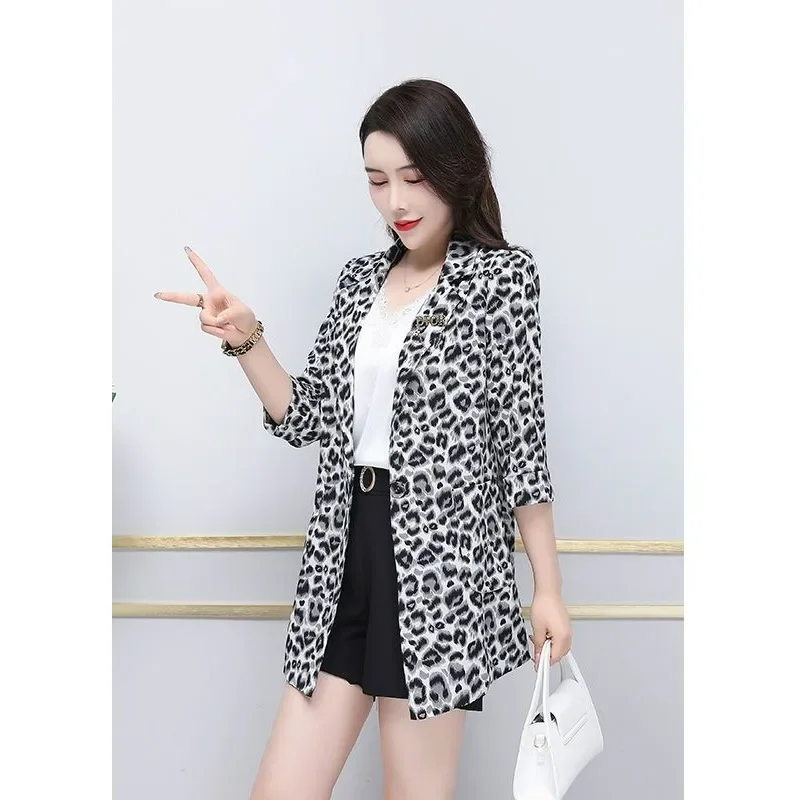 Three-Quarter Sleeve Leopard Print Small Suit Spring Summer New Women\'s Mid-Length Casual Waist Tight Blazer Fashion Slim Jacket