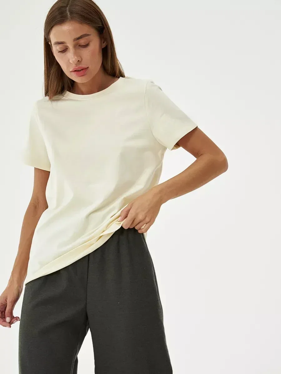 Summer 100% Cotton Women's T-shirt Bottoming Basic Fashionable Solid Lady Short Sleeve Loose Tops Shirts 200g/㎡ Tops