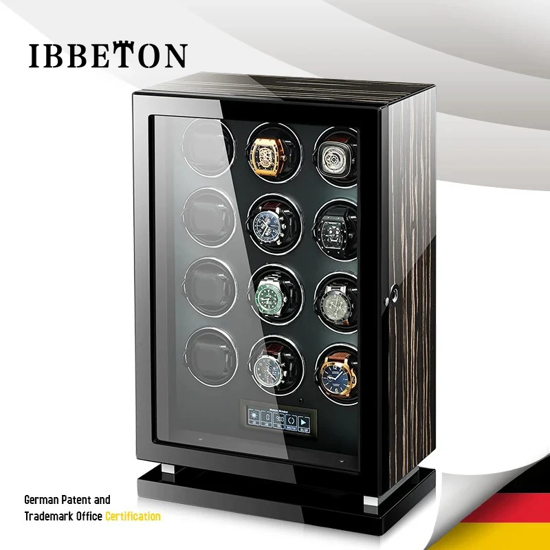Patentontwerp Luxe pianolak 12 slots LCD-touchscreen LED-licht Automatische opwinder Horlogedoos met vingerafdrukslotlicht
