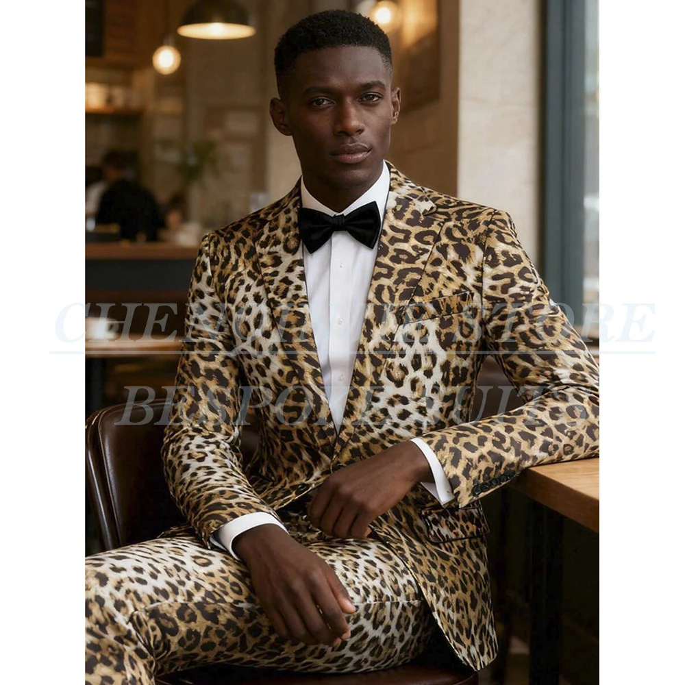 

Fashion Trendy Men's Suits 2026 Leopard Print One-Button Slim Fit Evening 2 Piece Jacket Pants High Quality Outfits