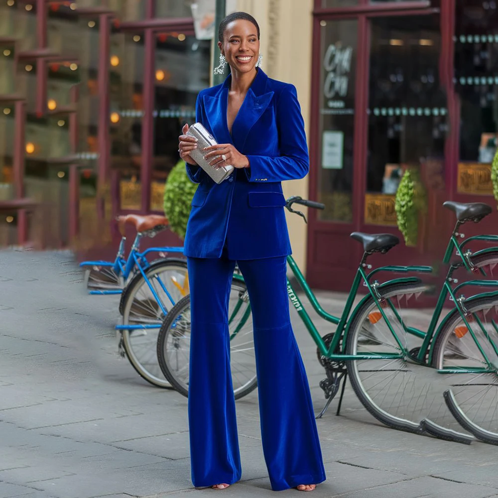

Women's Suits Royal Blue Single Breasted Blazer With Pants Sets High Quality Slim Fit 2 Piece Evening Party Female Clothing