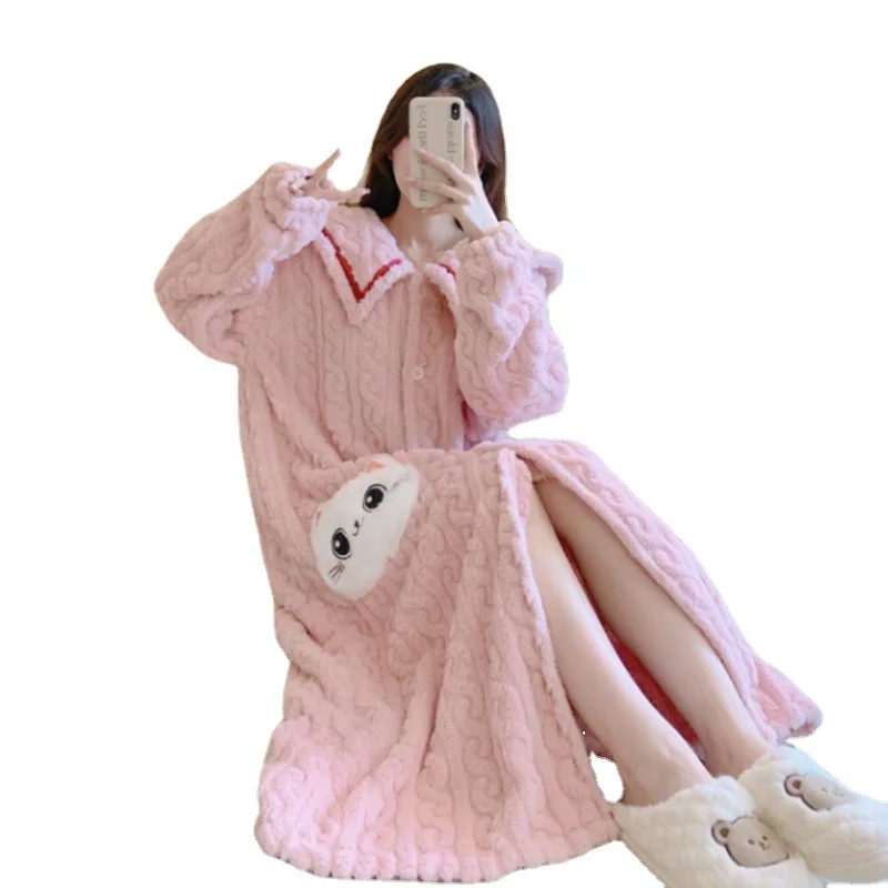 Winter Fashion Women Bathrobe Flannel Thicken Plush Long Sleeve Bathrobe Sleepwear Warm Nightgown Christmas Gift For Women