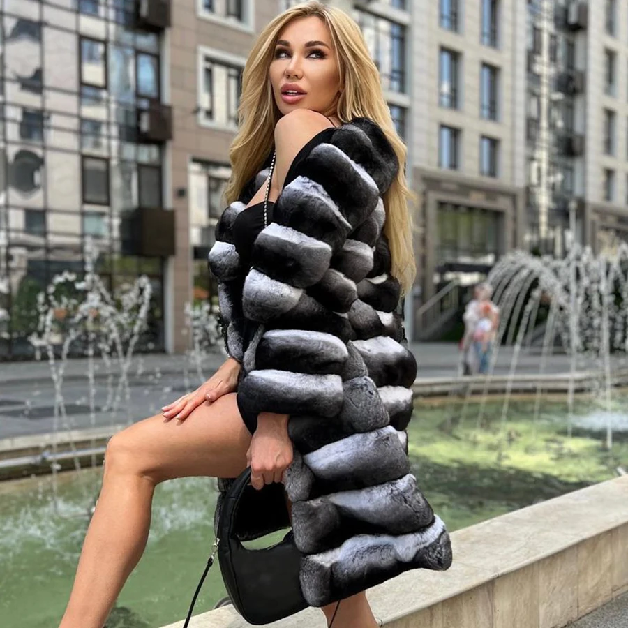 Chinchilla Real Fur Coat Women Luxury Long Natural Rex Rabbit Fur Coat Women Winter Jacket High Quality