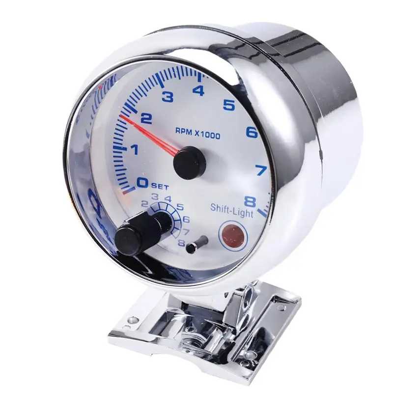 A65P-3.75-Inch Car Instrument Panel Tachometer White-Faced Blue-Light Chrome Plated Housing Car Modified Racing Meter