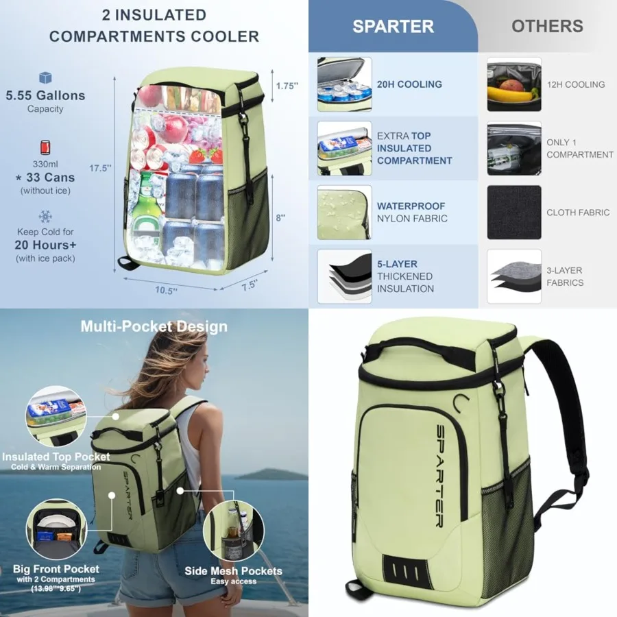 Backpack Cooler Insulated Leak Proof/ s, 2 Insulated Compartments Thermal Bag, Portable Lightweight Beach Travel Camping Lunch