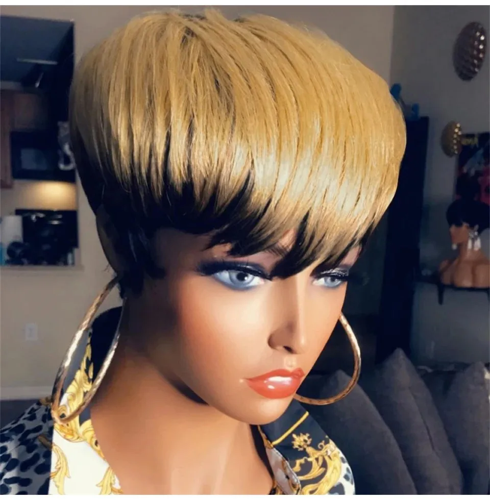 女性のためのピクシーカットウェーブウィッグ、ショートボブヒューマンヘア、ブラウンレイヤード、フルマシン製