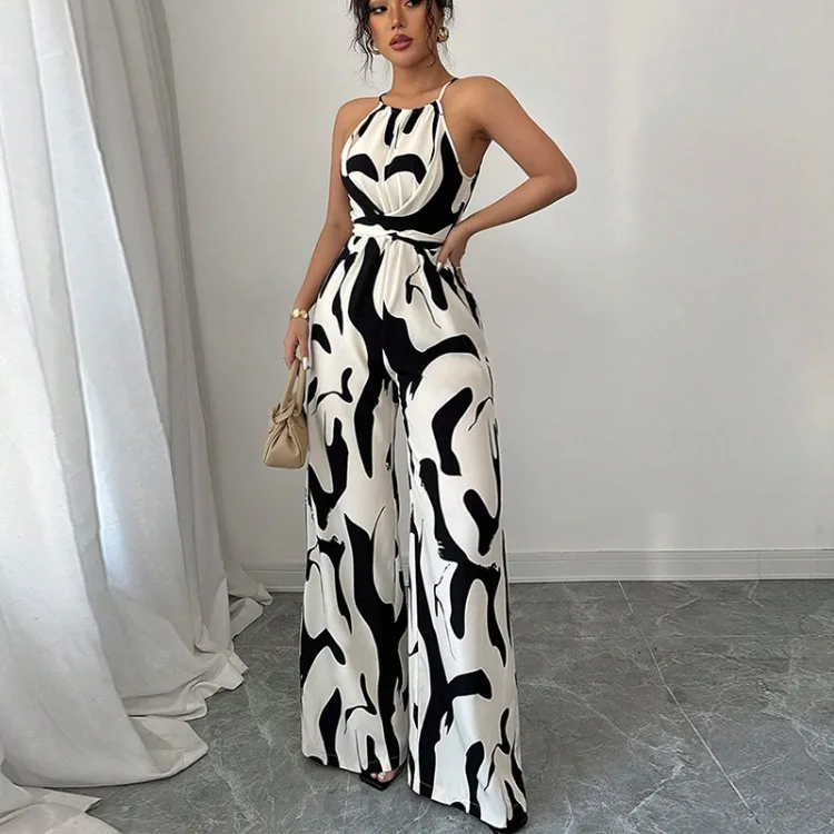 Zebra Pattern Suspender Jumpsuits-casual Holidays and Daily Commuting, Halter Neck Round Neck Sleeveless Wide-leg Jumpsuits