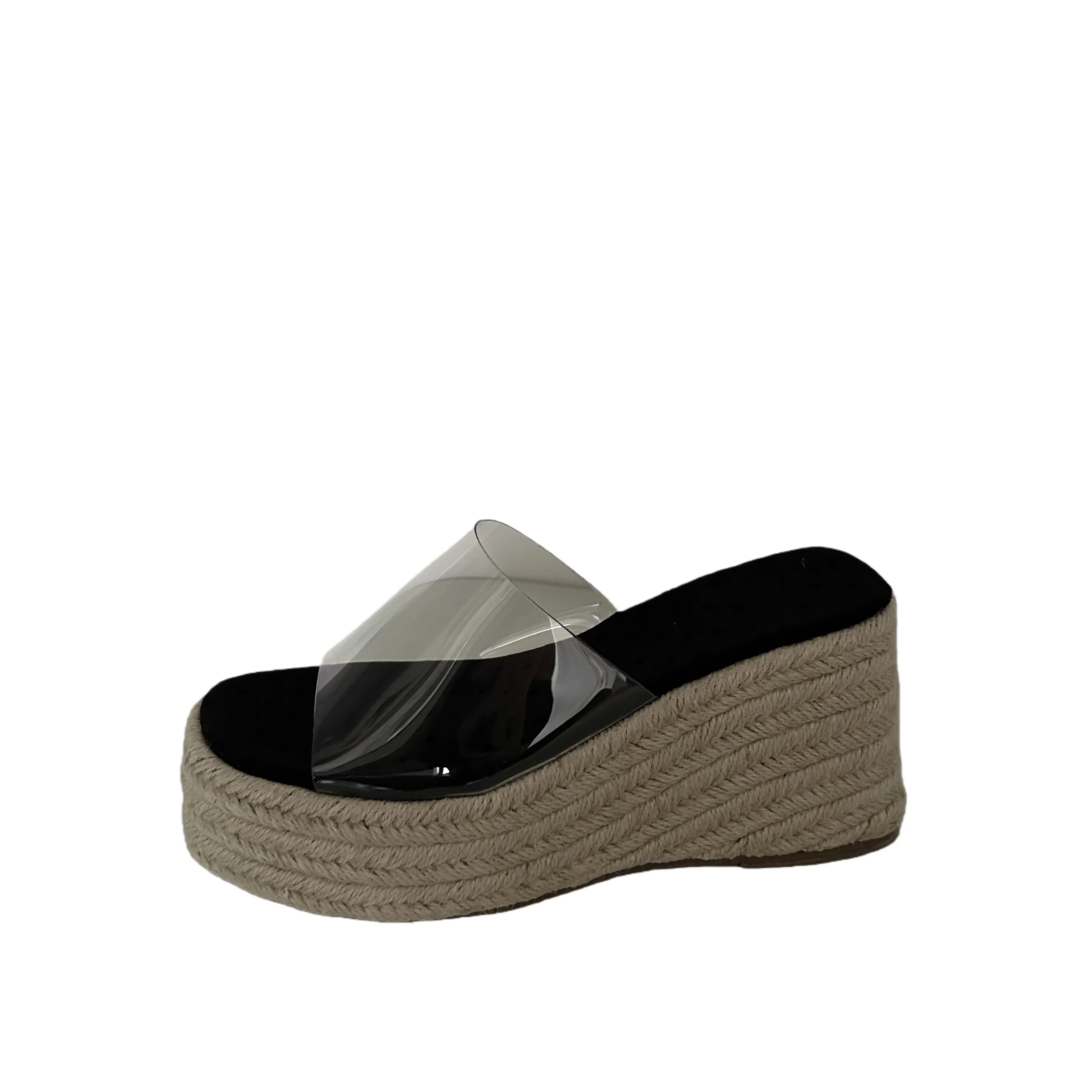 

9cm Wedges Sandals Black Slippers For Ladies Clear Woven Heels Casual Platform Shoes Roman Sandals Woman Beach Shoes