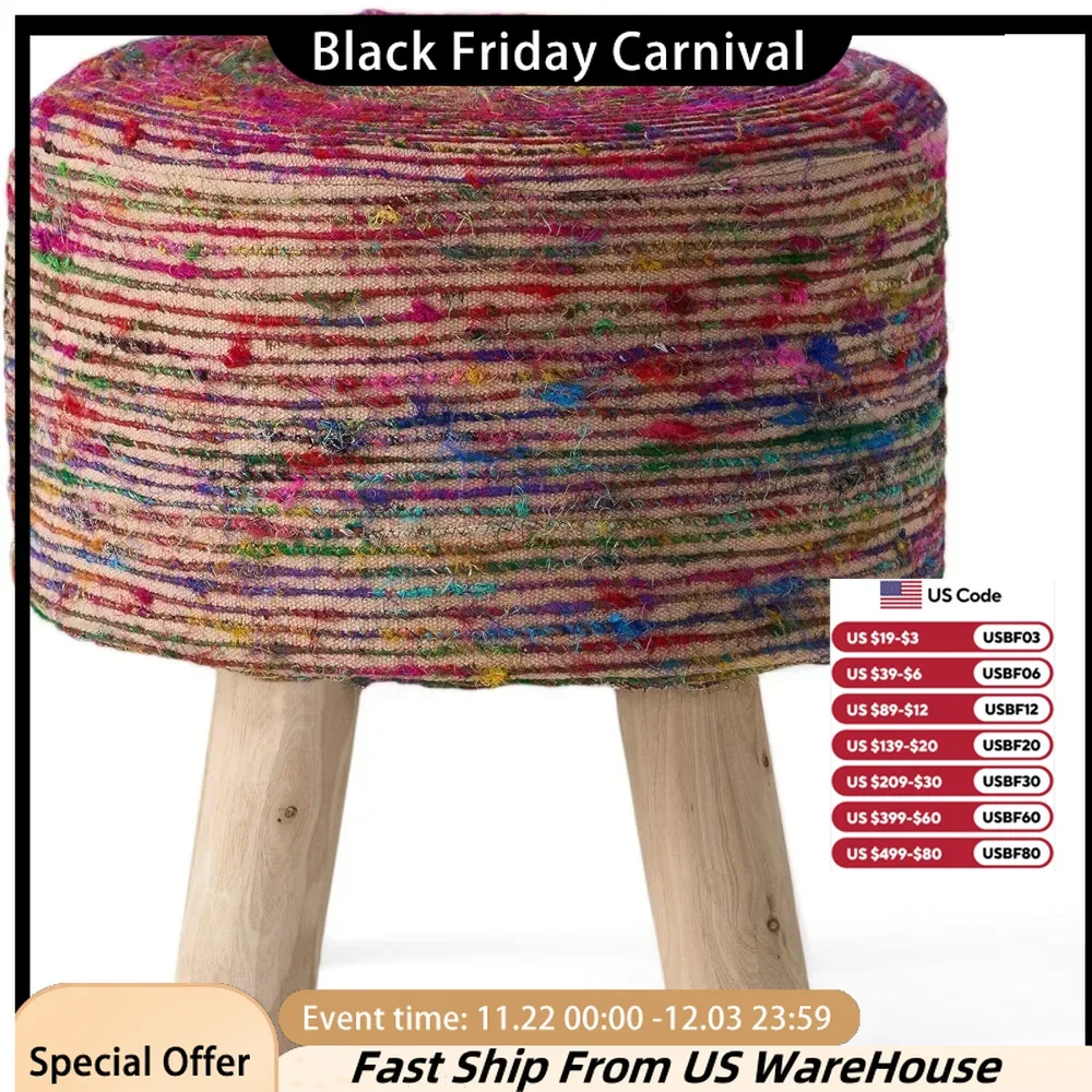 Stools & Ottomans, Maya Silk Swirl-Stool, Blue and Multi-Colored Ⅱ, Coral Natural Finish, Stools & Ottomans