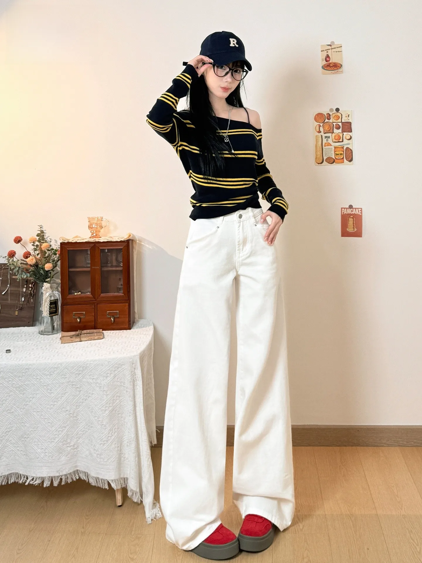 

American Style Vintage Pocket Design Jeans Women's Loose Wide Leg Pants Summer Slimming Effect Casual Cotton Denim Skinnies