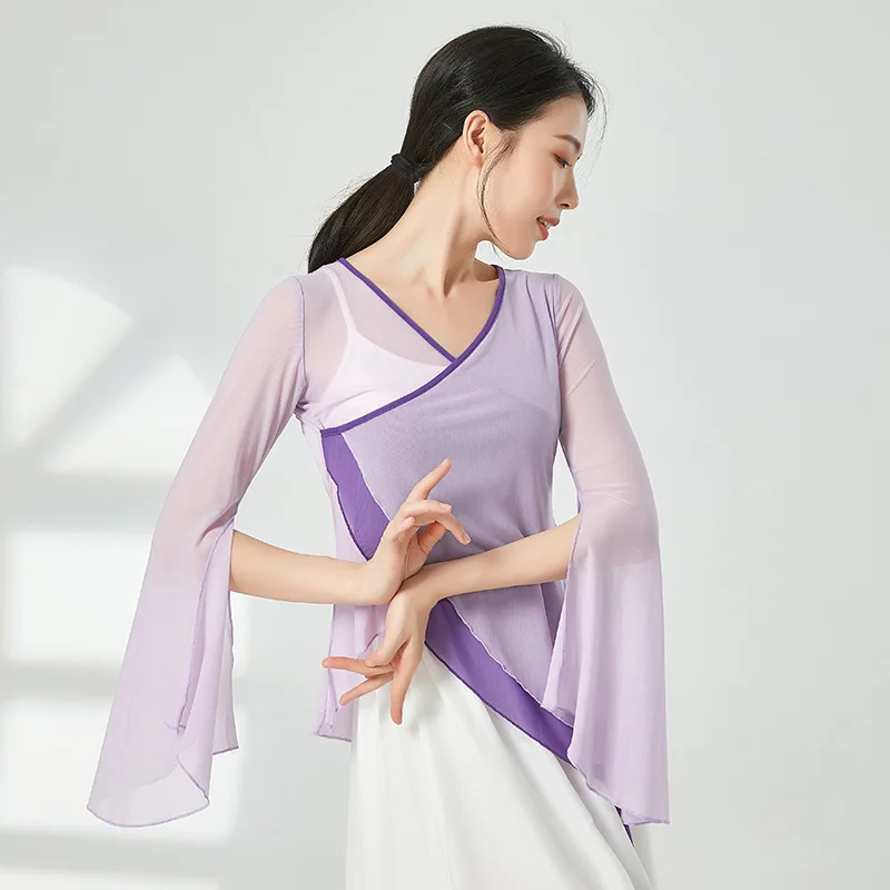 

Adult Mesh Semi Transparent V Neck Split Belly Dance Blouse Flare Sleeves Top for Women Dancing Clothes Dance Clothing Wear