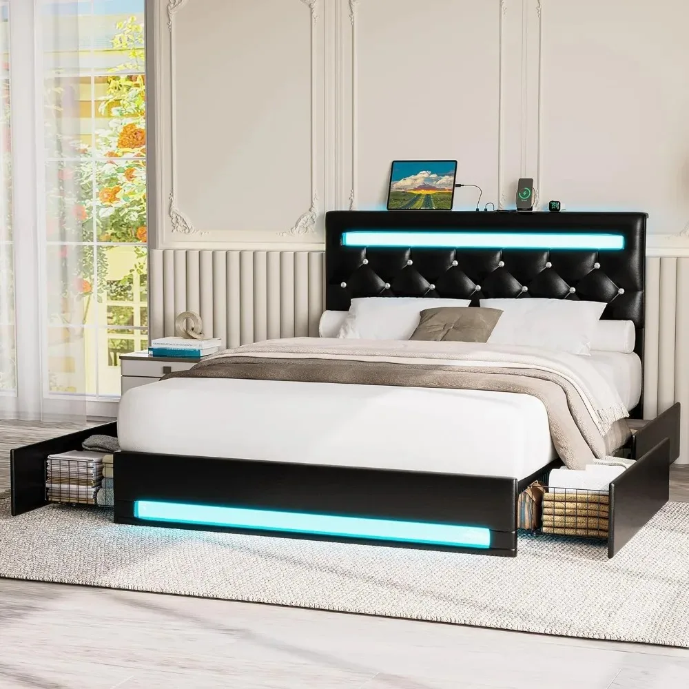 Full Bed Frame with LED Light Bed Frame and 4 Drawers Adjustable Crystal Button Tufted Headboard, PU Leather Platform Bed Frame