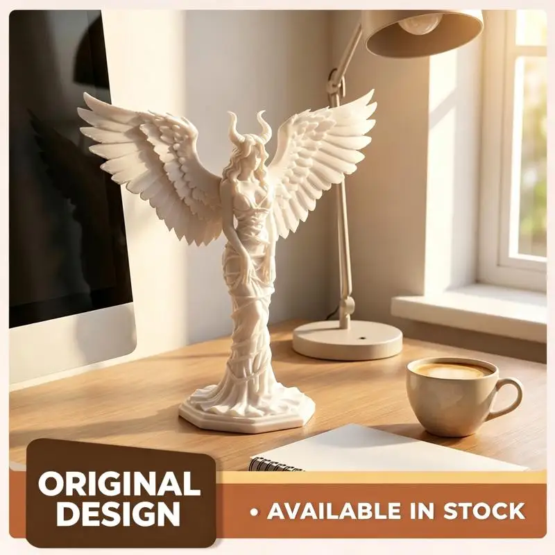 3D Printed White Horned Angel Statue Carved Wings Gothic Resin Sculpture for Home Office Desktop Living Room Decor Car Accessor