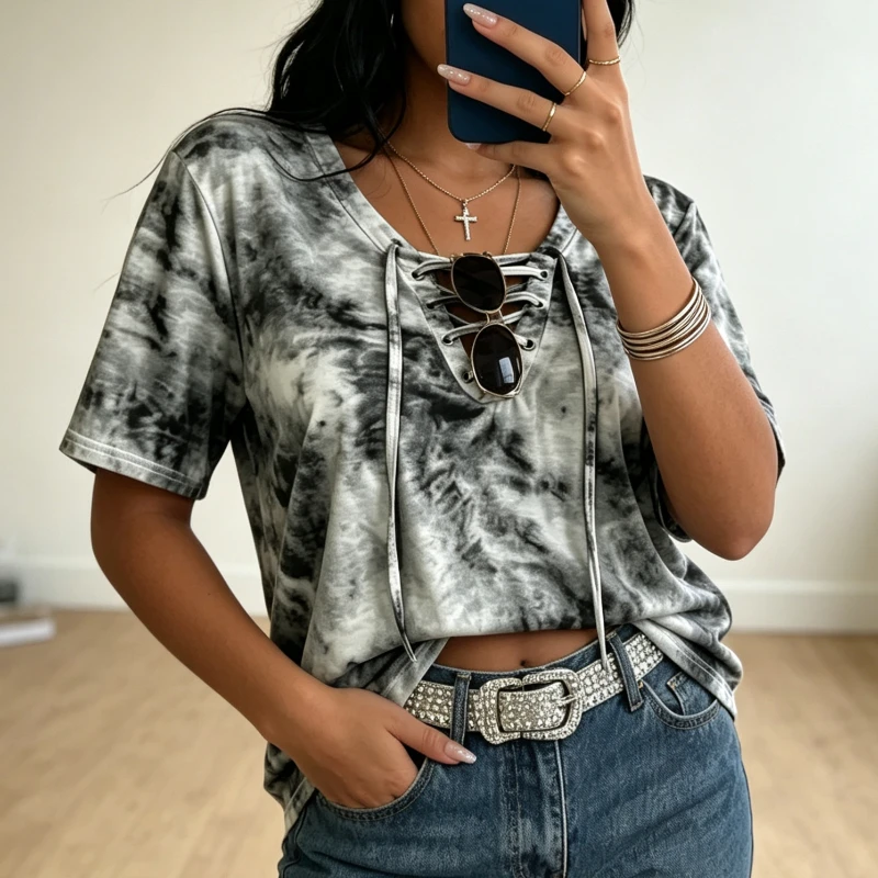 Y2K Fashion Loose Printed T-shirt Women's Tie Dye Short Sleeved Blouse with V-neck Strap Cross Front Casual Daily Street Wear