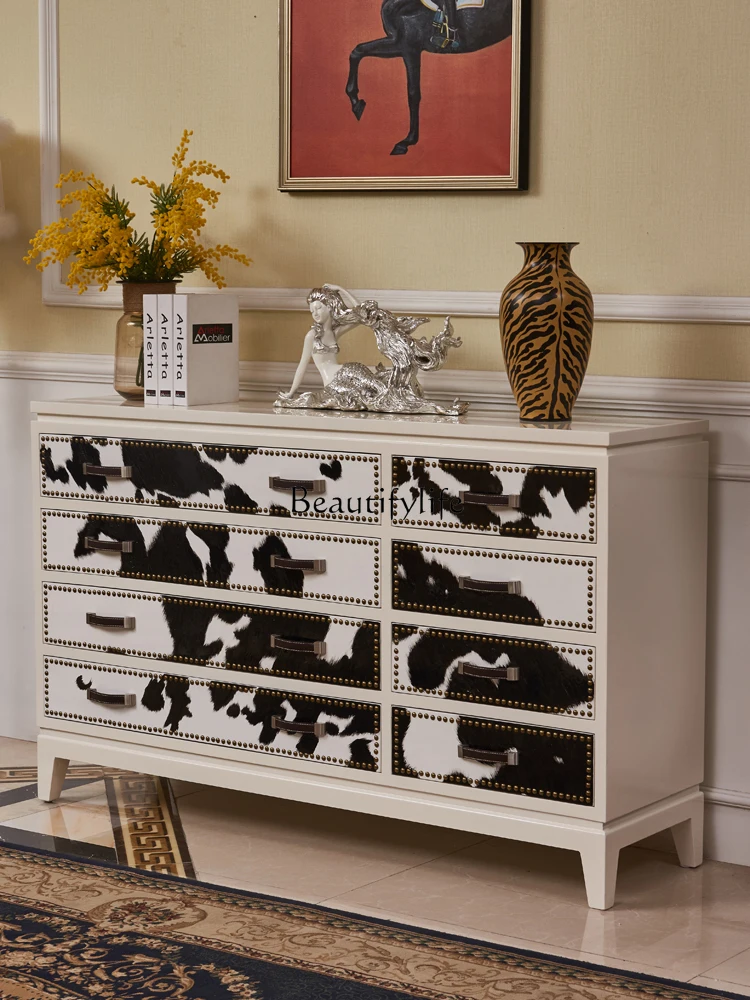 Modern Minimalist Creamy-white Retro Painted Cow Hair Multi-Drawer Storage Oak Storage TV Cabinet