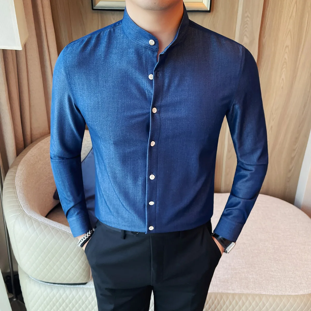 

Men's Autumn Winter Premium Stylish Denim-Look Shawl Collar Shirt - Trendy & Versatile Fashion Essential