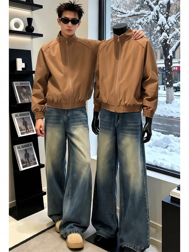 

Коричневая мужская куртка-бомбер в американском стиле, весенняя, модная, деконструированная, в стиле рабочей одежды, с воротником-стойкой, крутая