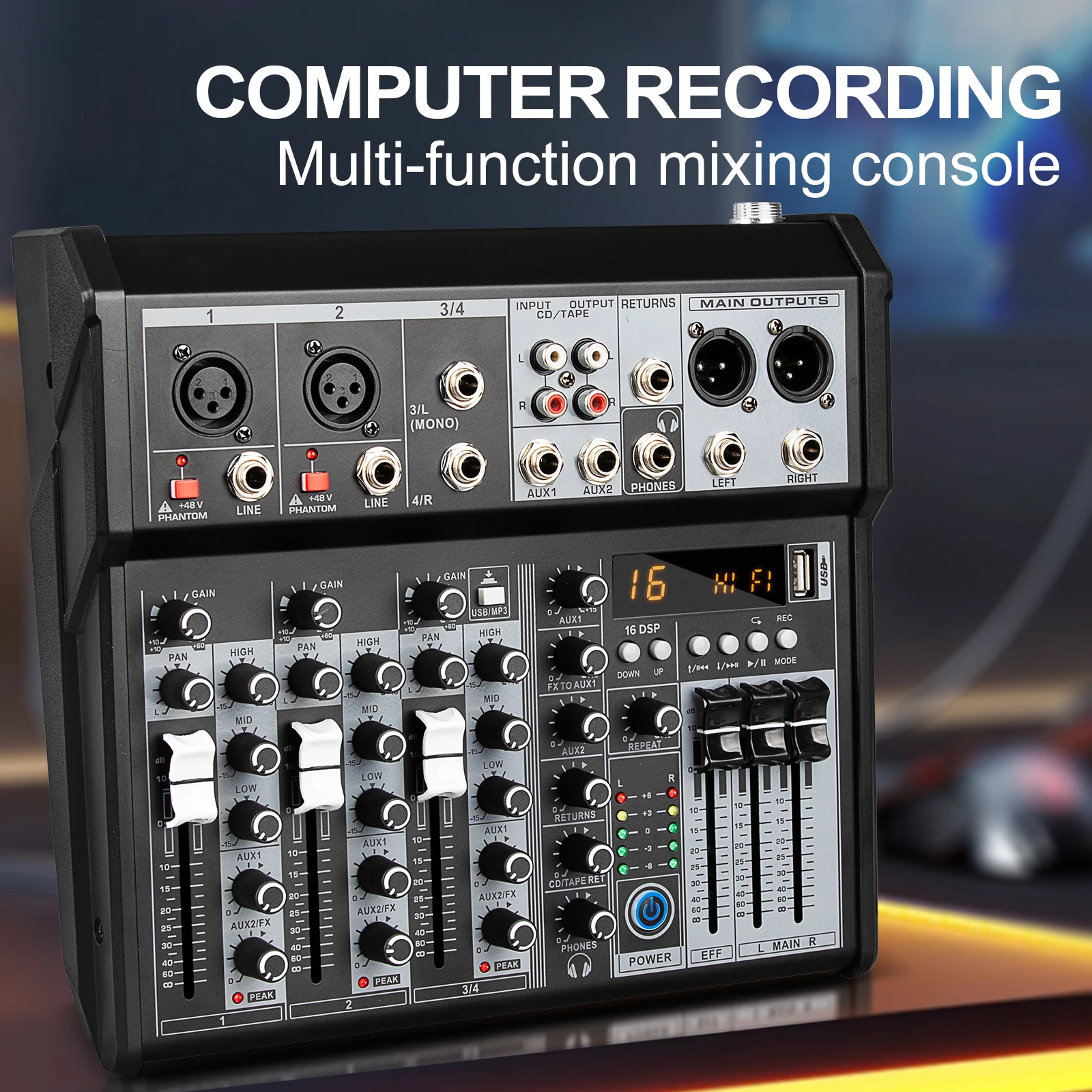 Digital 4-Channel Audio Mixer Mixing Console Built-in 48V Phantom Power With BT Function Professional Audio System