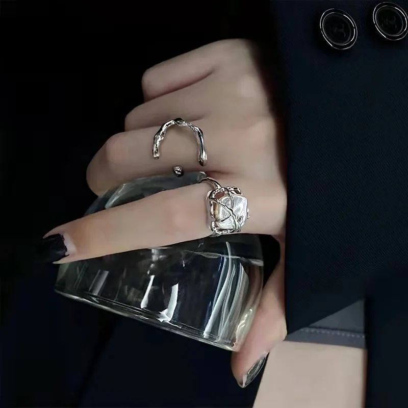 LATS Silver Color Creative Irregular Floral Pearl Rings Set for Women Geometric Metal Wave Opening Ring 2022 Fashion Jewerly