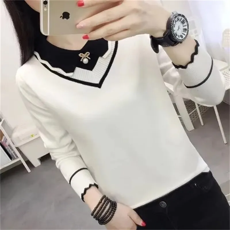 Otoño Invierno mujer suéter pulóver nueva moda costura solapa cuello de manga larga Pull suéter de punto mujer Jumper Tops