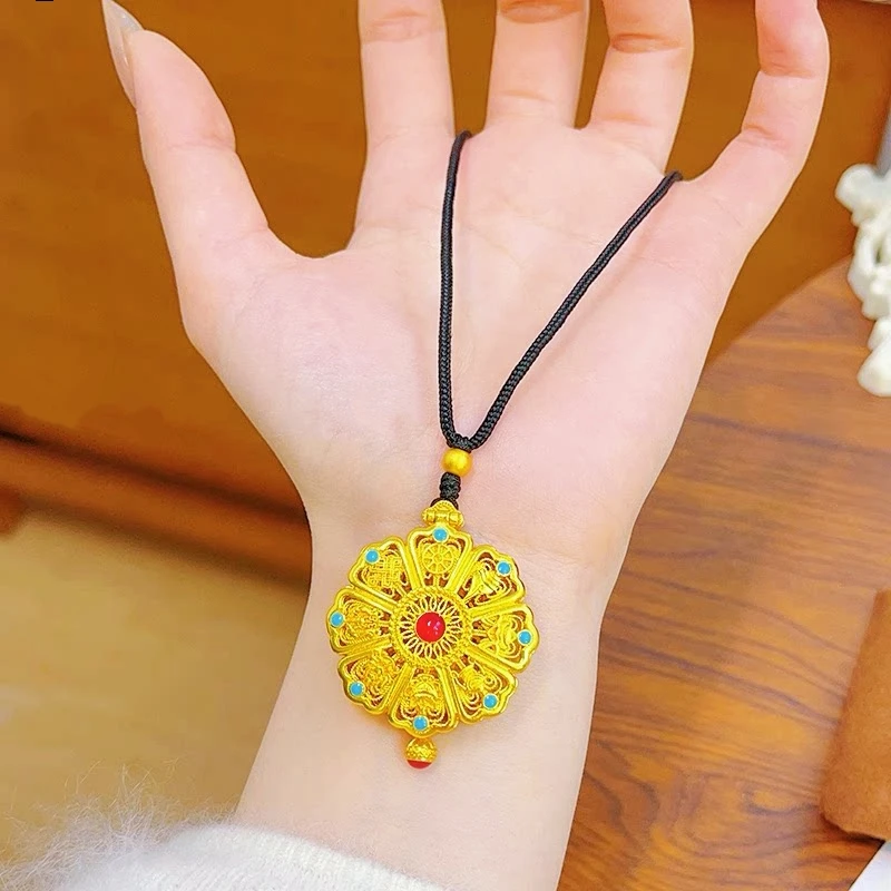 Premium Gift Fu Character Hollow Eight Treasures Compass Pendant For Women 24K Gold AU999, Ideal for festivals and gifting