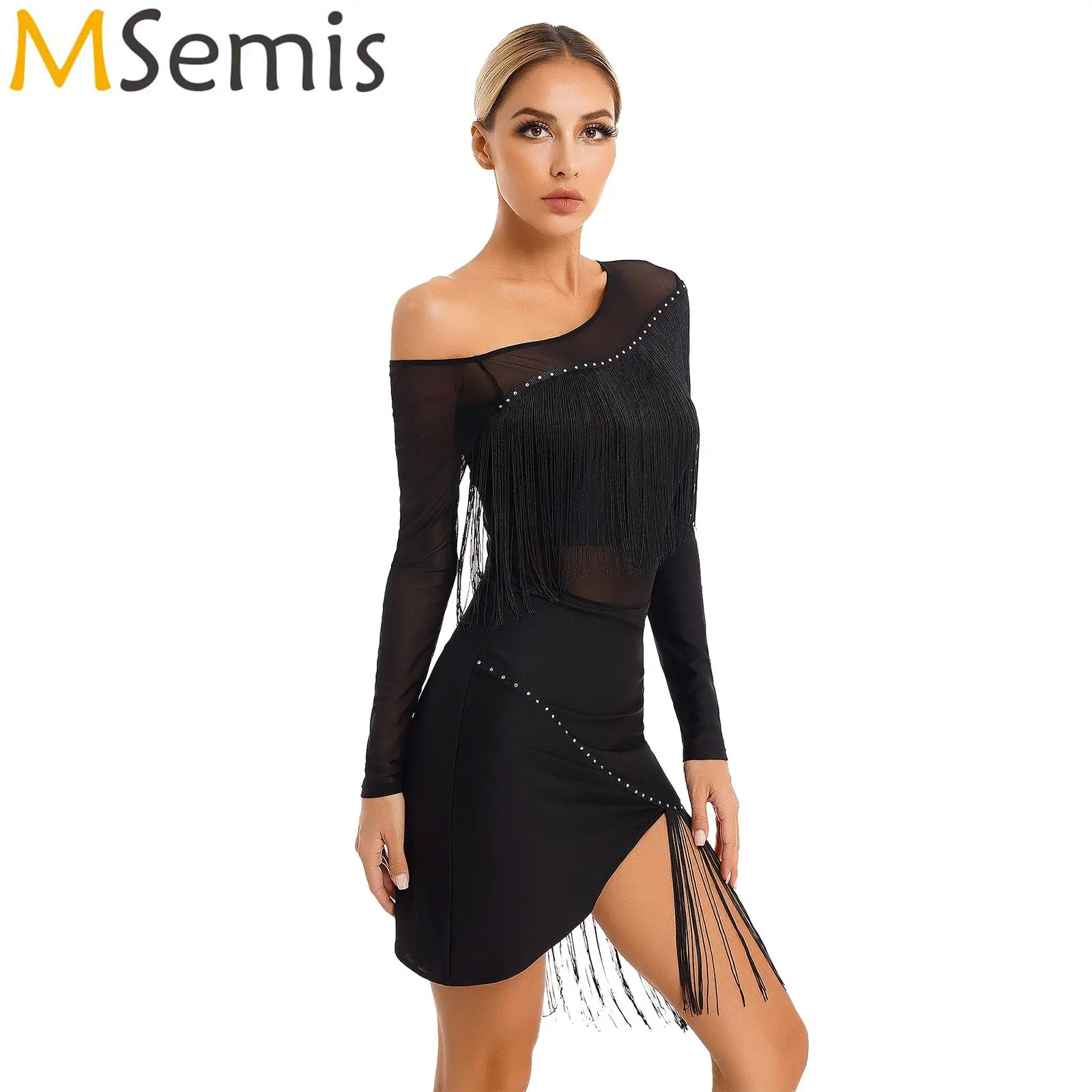 Womens Latin Tango Dance Dress Female Cha-Cha Samba Fringed Dancewear Sheer Mesh Long Sleeve Irregular Waltz Competition Dresses