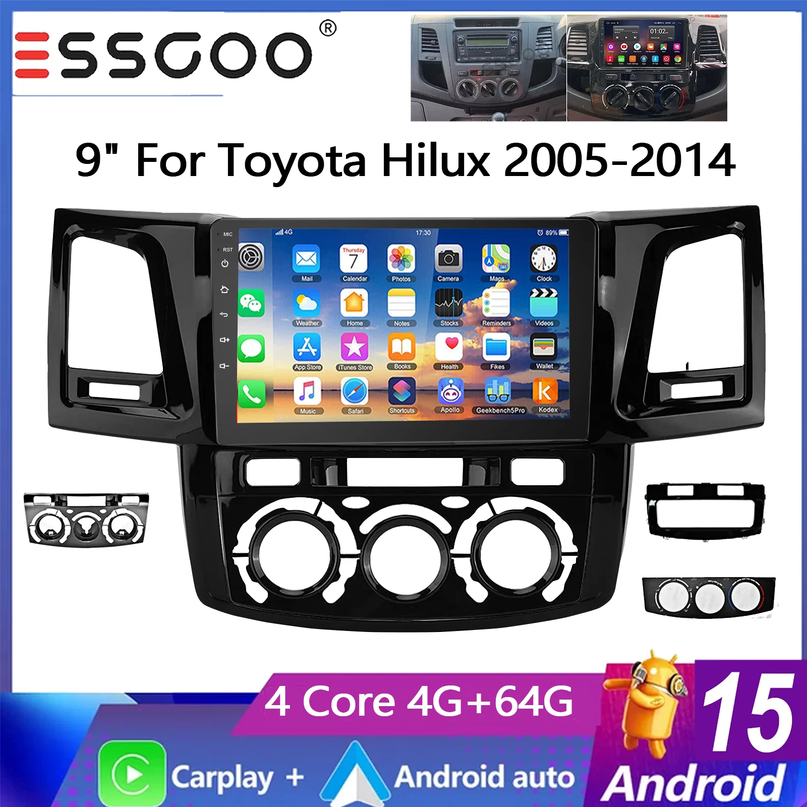 ESSGOO 9 Zoll 4+64G Autoradio für Toyota Hilux 2005-2014 Android 15 GPS-Navigation Wireless Carplay Android Auto FM Bluetooth RDS SWC Wifi ASP Mirror Link IPS Touchscreen Multimedia-Videoplayer Head