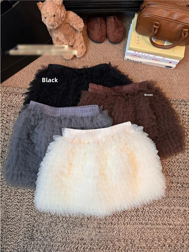 Korean Style Pure Color Heavy Work Layered Mesh Cake Skirt Women's Autumn Winter Small Audience Half Skirt Anti Aging Hot Gir...