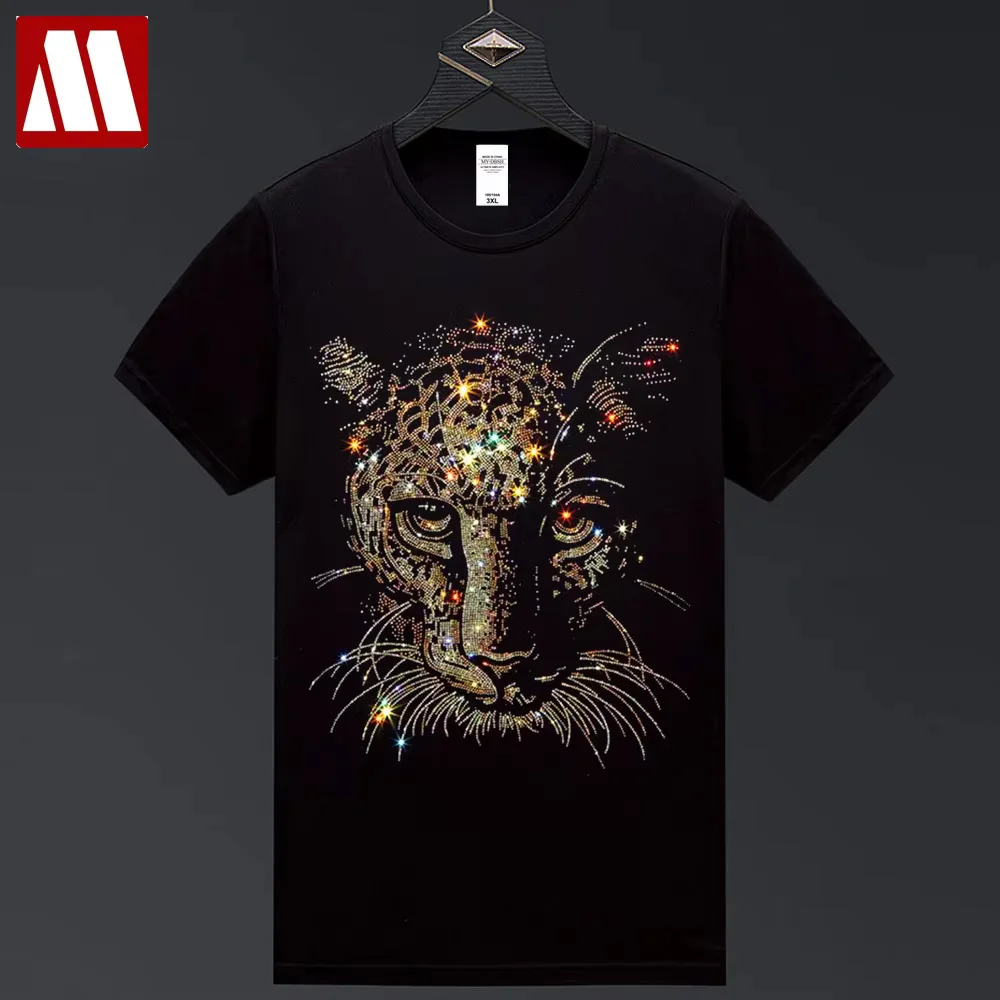 

New Arrival Handsome Leopard Diamond Cotton Short Sleeve T-shirt for Men Designer Clothes V Neck Elastical High Quality Tees Man
