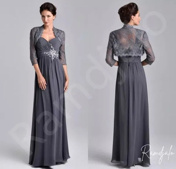 Chic Charcoal Mother of the Bride Gown with Jacket Lace Overlay Sleeves V Neck Sparkling Bead Accents Flowy Skirt Elegant Events