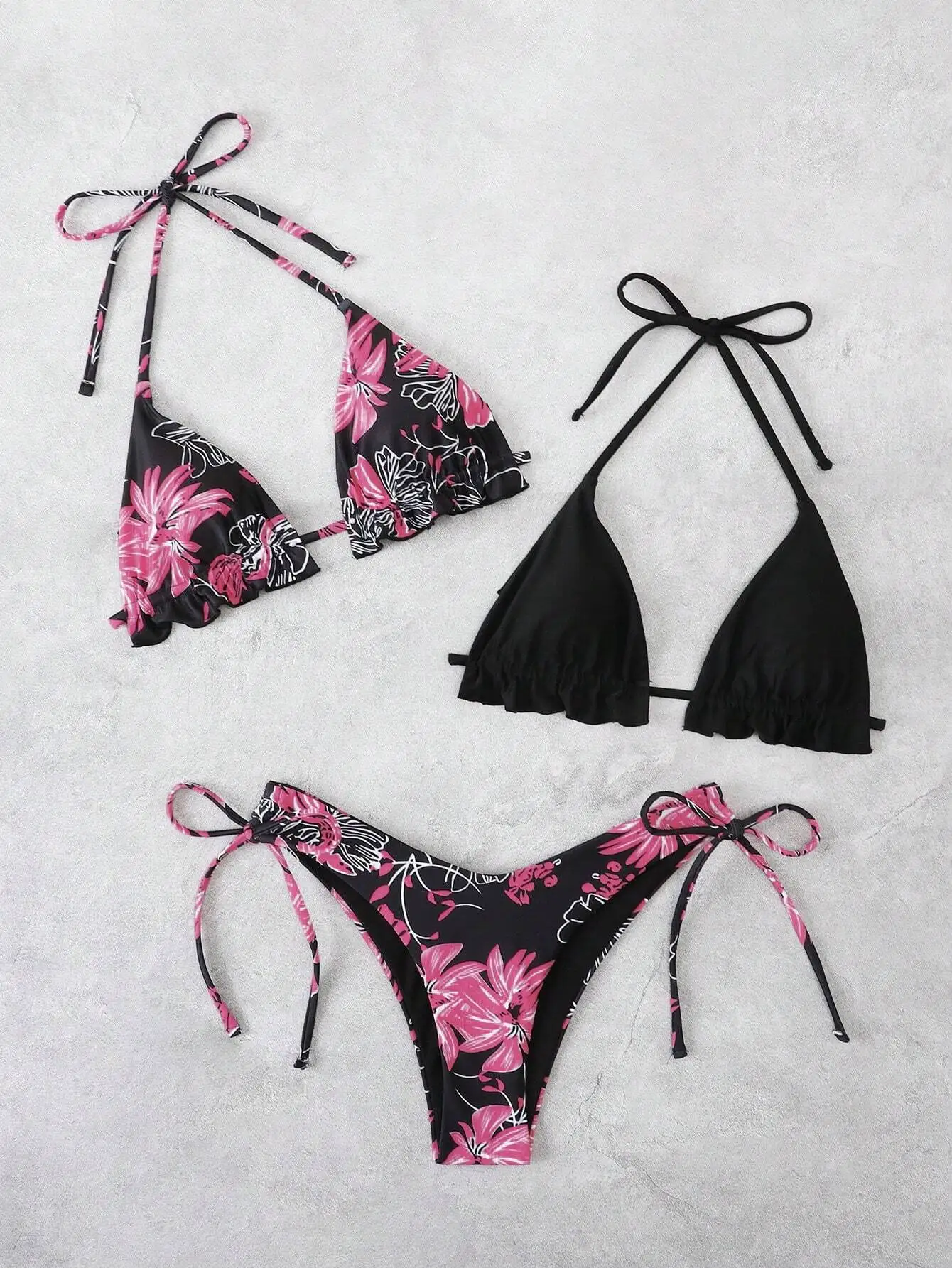 Floral Print Side Tie 3pcs Bikini Set Women Swimwear