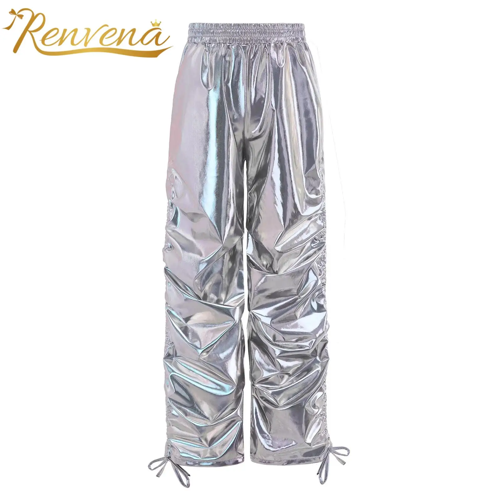 Kids Boys Girls Straight Trousers Hip-hop Wear Children Metallic Jazz Dance Pants Rock Disco Costume Elastic Waistband Pants