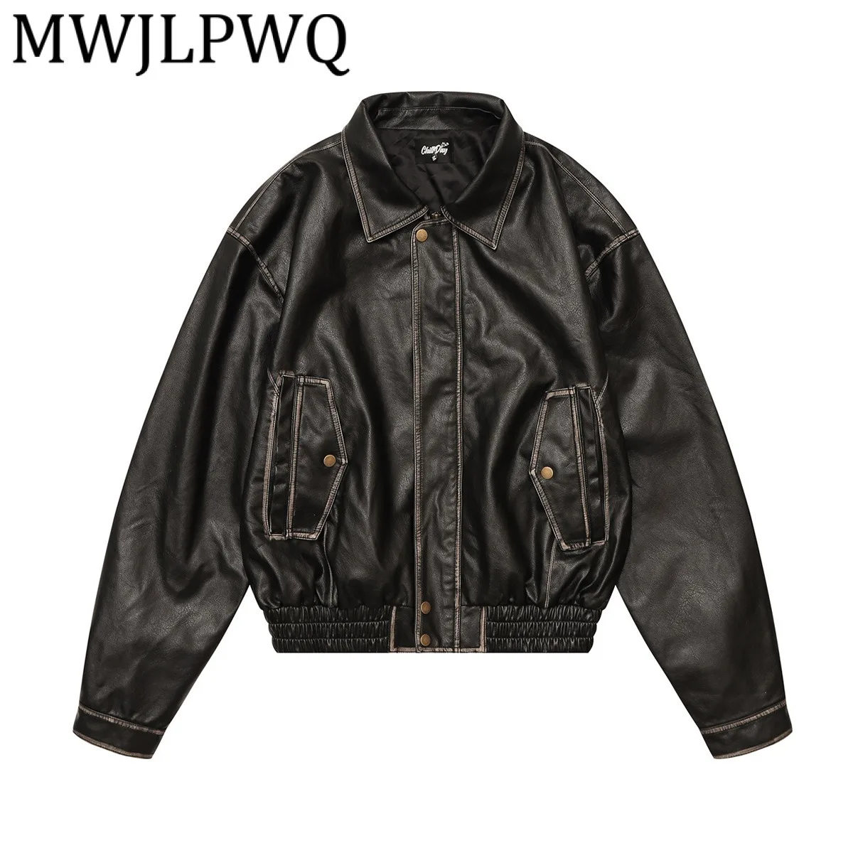 

MWJLPWQ Men's American Style Washed PU Leather Jacket High Street Spliced Long Sleeve Lapel Short Coat Vintage Autumn Tops 21296