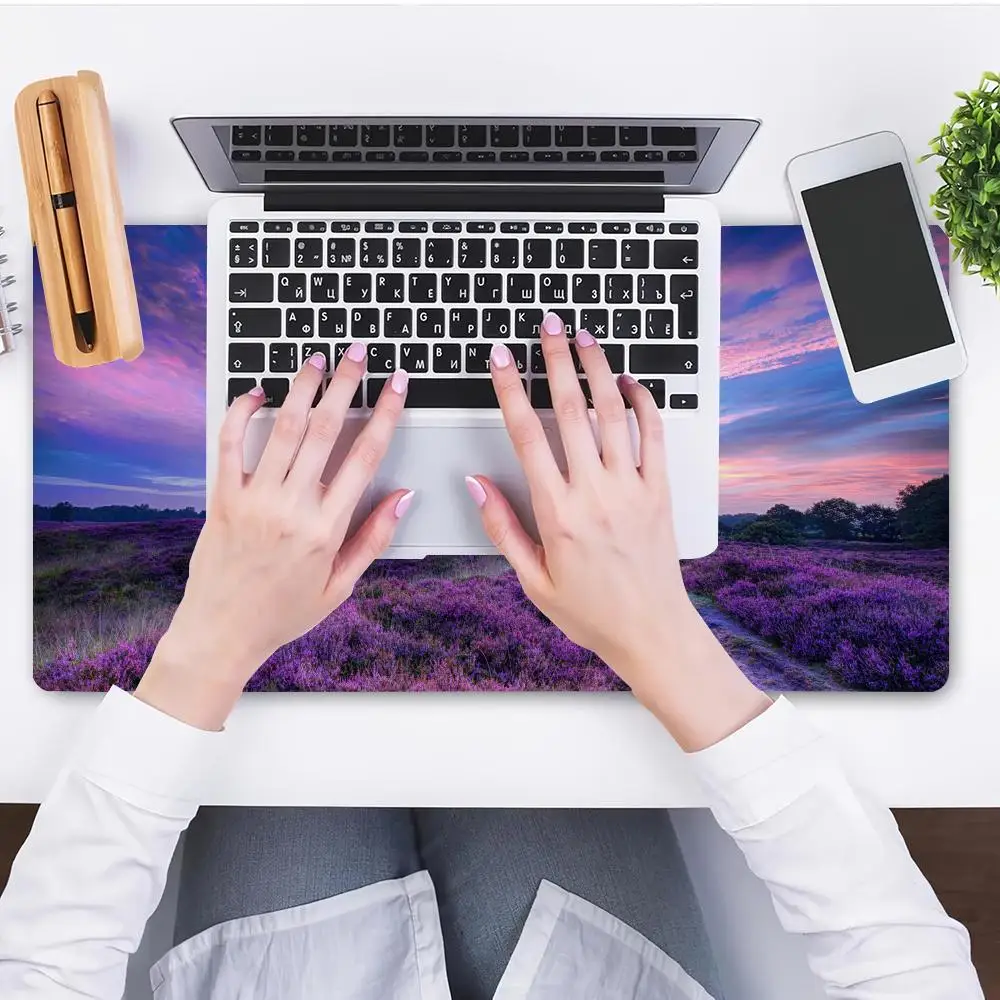 HYBXAXC Purple Flower Field Sunset Mouse Pad, Aesthetic Meadow Desk Mat, Soft Non-Slip, Large Gaming Mousepad for Bedroom Decor