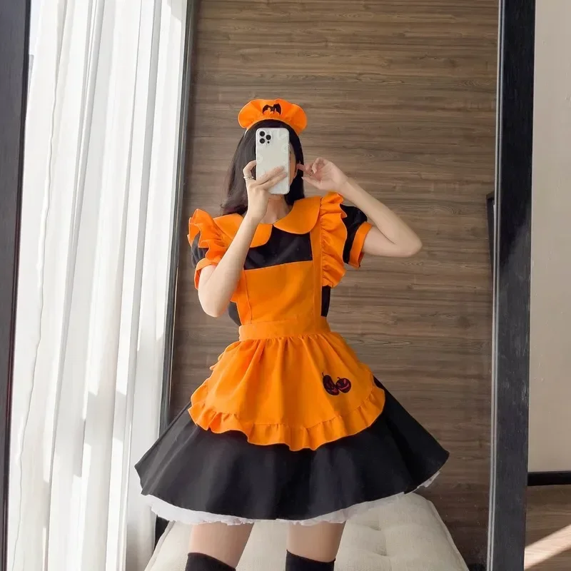 Disfraces de Cosplay de sirvienta de murciélago y vampiro, uniforme de calabaza Retro naranja, vestido de sirvienta Lolita, trajes de juego de rol de sirvienta de fiesta