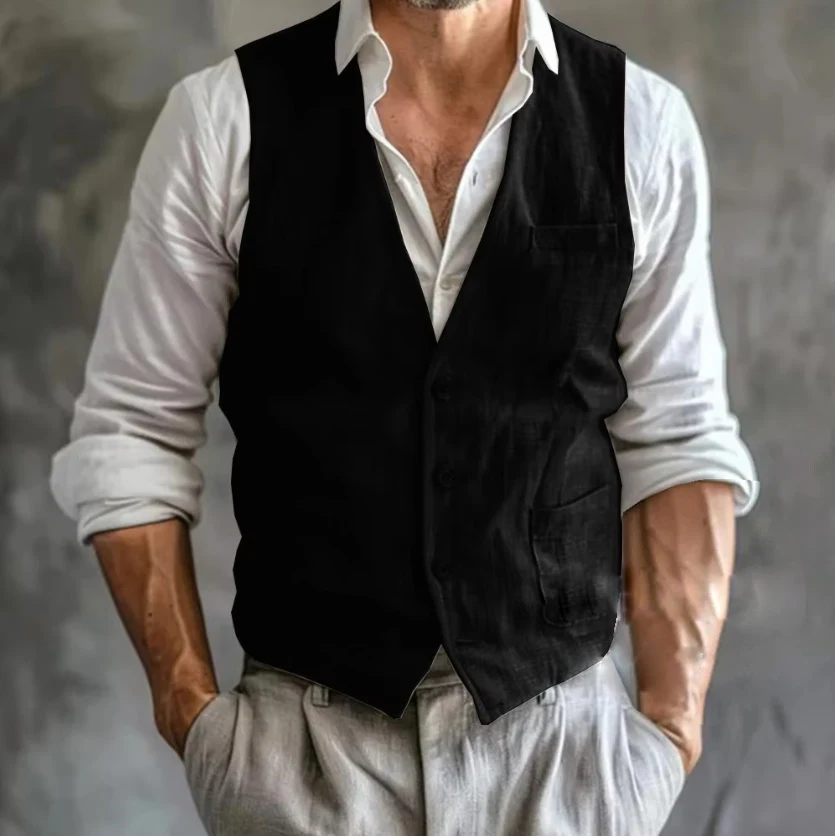 الرجال سترة كتان الصيف الذكور عالية الجودة رمادي بارد تنفس مع جيوب جيليه صدرية رجالي رسمية بلا أكمام رجل العمل