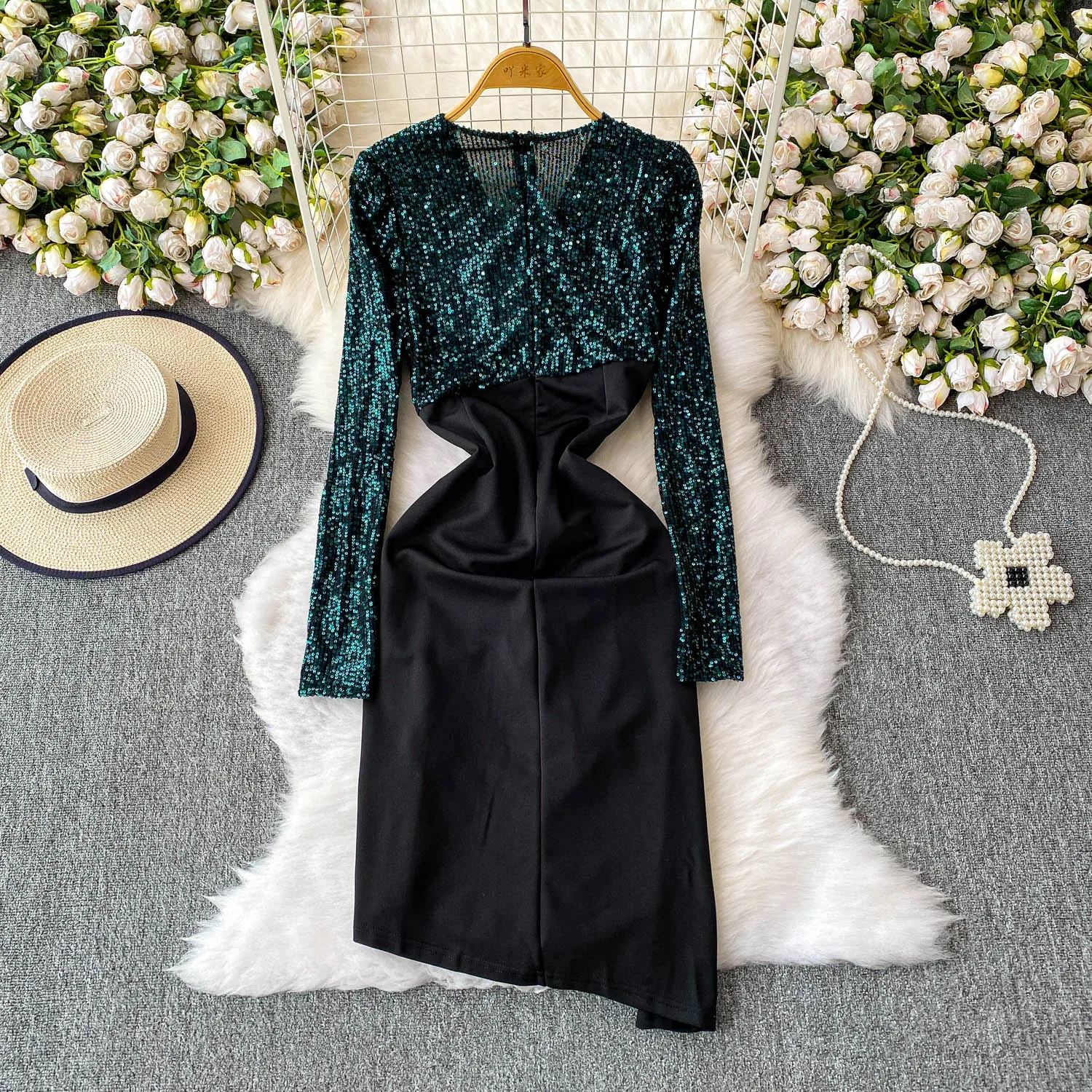 Chic vintage sexy scollo a V incrociato manica lunga slim elegante fata moda coreana Boho vestito estivo abbigliamento donna