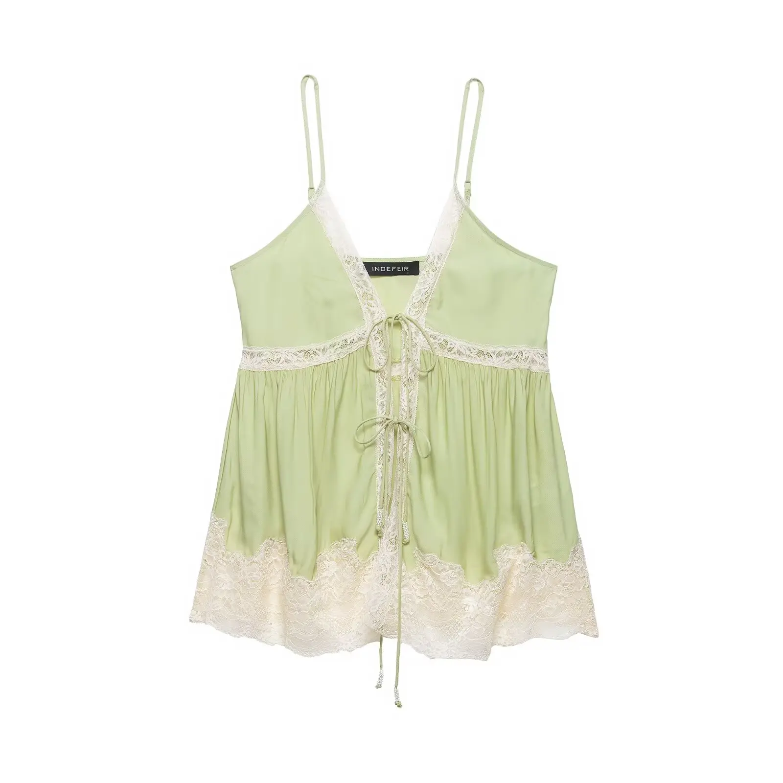 HH Damen Sommer Elegantes Spitzenbesetztes Cami-Top, Grünes Satin V-Ausschnitt Babydoll-Trägertop, Y2K Süßes Lässiges Urlaubs- und Ausgeh-Top – Detail 2