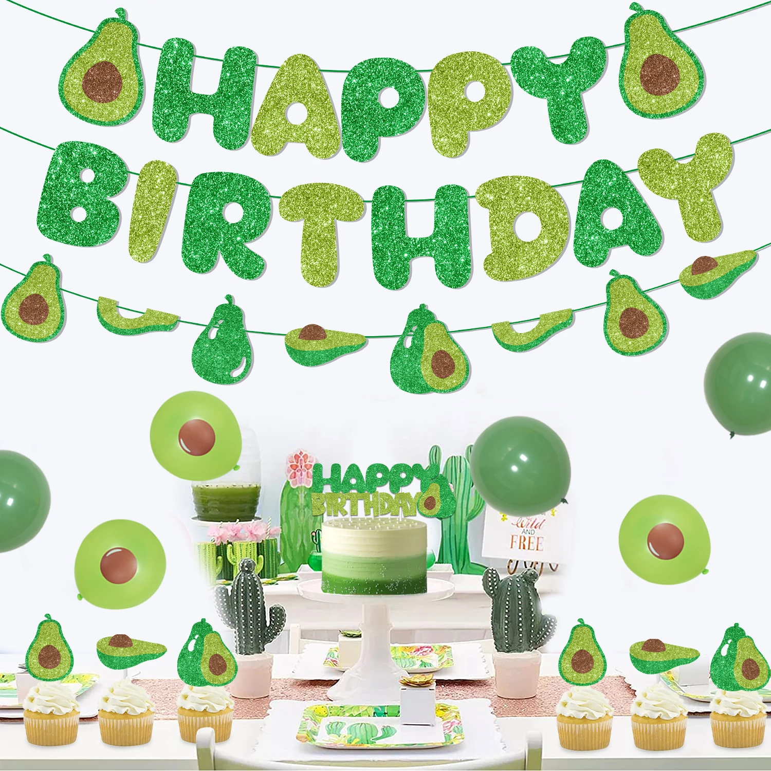 Avocado Themed Birthday Party Decor for Boys and Girls, Glitter Avocado Banner, Cake Topper, Balloons for Fruit Party Supplies