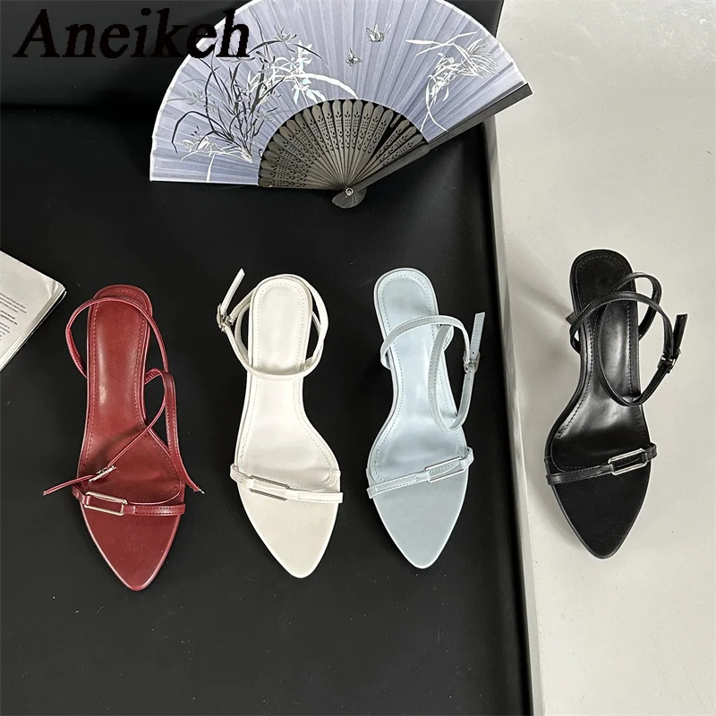 Aneikeh Sexy Slingbacks Narrow Band Buckle Strap Pumps Women Pointed Toe Low Thin Heels Wedding Party Mules Shoes Female Sandals