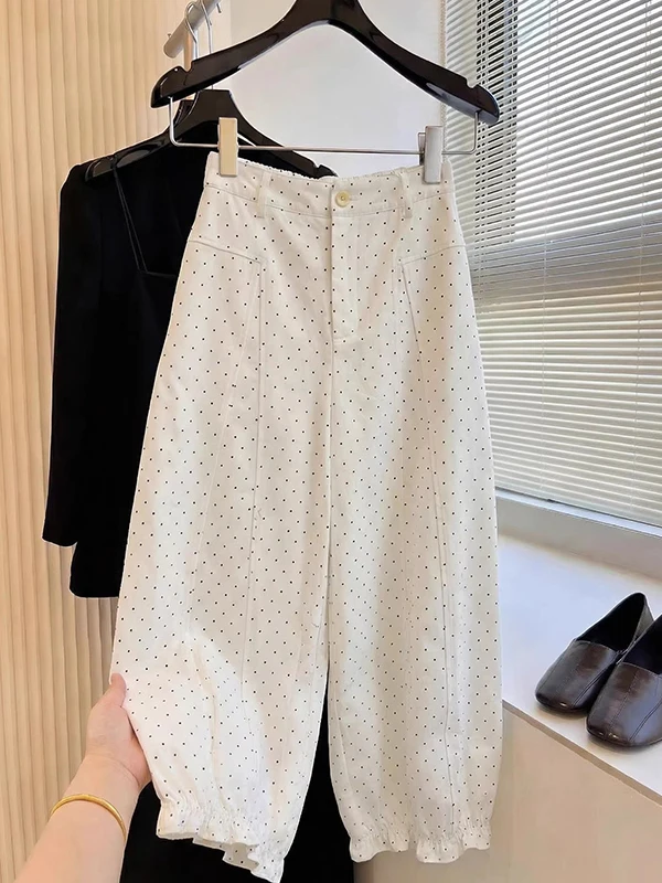 

Женские летние повседневные брюки больших размеров с высокой талией и широкими штанинами, в горошек, скрывающие недостатки фигуры, с эффектом стройности, в уличном стиле