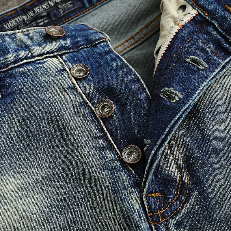 Fashion Vintage Men Jeans Retro Washed Blue Stretch Slim Fit Ripped Jeans Buttons Fly Italian Style Designer Denim Pants Men