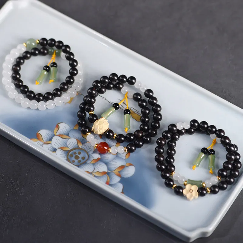 Ebony Purple Sandalwood Double Circle Bracelet with Jade Spacers – Buddhist Prayer Beads Gift
